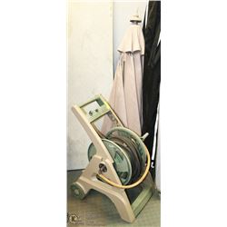 HOSE REEL WITH HOSE & OUTDOOR PATIO UMBRELLA