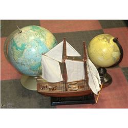 LOT OF VINTAGE WORLD GLOBES PLUS CARVED SAILING