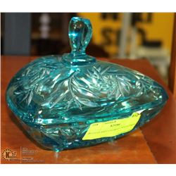 BLUE GLASS COVERED CANDY DISH