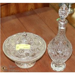 ESTATE CUT GLASS DISH WITH LID INCL DECANTER