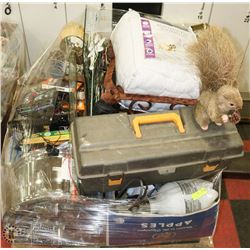 PALLET OF MISC INCL MONSTER RIM TOOLBOX, JOHN