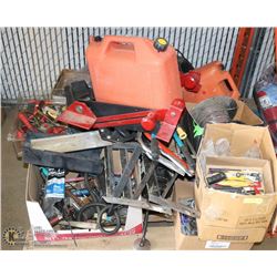 PALLET OF ESTATE TOOLS, JERRY CANS, MOTORS, RISERS