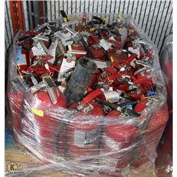 PALLET OF ASSORTED SIZED FIRE EXTINGUISHERS.
