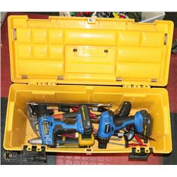 YELLOW TOOL BOX WITH ASSORTED TOOLS INSIDE