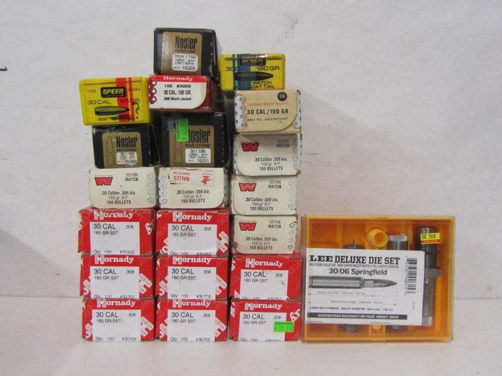 30CAL & 7MM BULLETS AND LEE 30-06 SPRING DIE SET