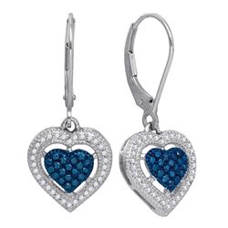 0.40 CTW Blue Color Diamond Heart Dangle Earrings 10KT White Gold - REF-36N2F