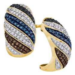 0.56 CTW Black Blue Brown Color Diamond Half Hoop Earrings 10KT Yellow Gold - REF-44K9W