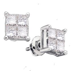 0.25 CTW Princess Diamond Square Cluster Stud Earrings 14KT White Gold - REF-26F3N