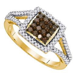 0.50 CTW Cognac-brown Color Diamond Square Cluster Ring 10KT Yellow Gold - REF-25K4W