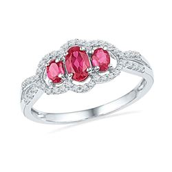 0.91 CTW Oval Created Ruby 3-stone Diamond Ring 10KT White Gold - REF-16X4Y