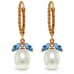 Genuine 9 ctw Blue Topaz & Pearl Earrings Jewelry 14KT Rose Gold - REF-39T3A