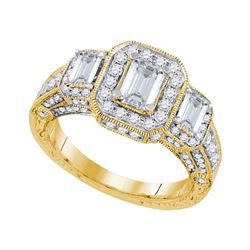 2 CTW Emerald Diamond 3-stone Bridal Engagement Ring 14KT Yellow Gold - REF-420F2N