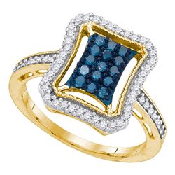 0.50 CTW Blue Color Diamond Indented Rectangle Cluster Ring 10KT Yellow Gold - REF-34Y4X