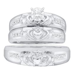 0.14 CTW His & Hers Diamond Claddagh Matching Bridal Ring 10KT White Gold - REF-37F5N