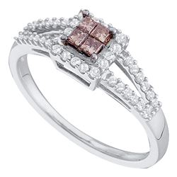 0.33 CTW Princess Cognac-brown Color Diamond Split-shank Ring 14KT White Gold - REF-38W9K