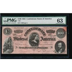 1864 $100 Confederate States of American Note PMG 63