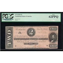 1864 $2 Confederate States of America Note PCGS 62PPQ