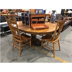 OAK SINGLE PEDESTAL DINING TABLE WITH 1 LEAF & 4 CHAIRS