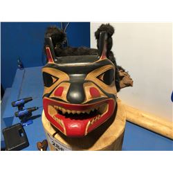 CARVED YELLOW CEDAR BEAR DANCER FRONT LIT MASK BY RUPERT JEFFREY (9  X 9 )