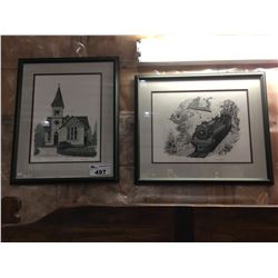 PAIR OF GREEN FRAMED LIMITED EDITION PRINTS "ROYAL HUDSON & MINORU CHAPEL"