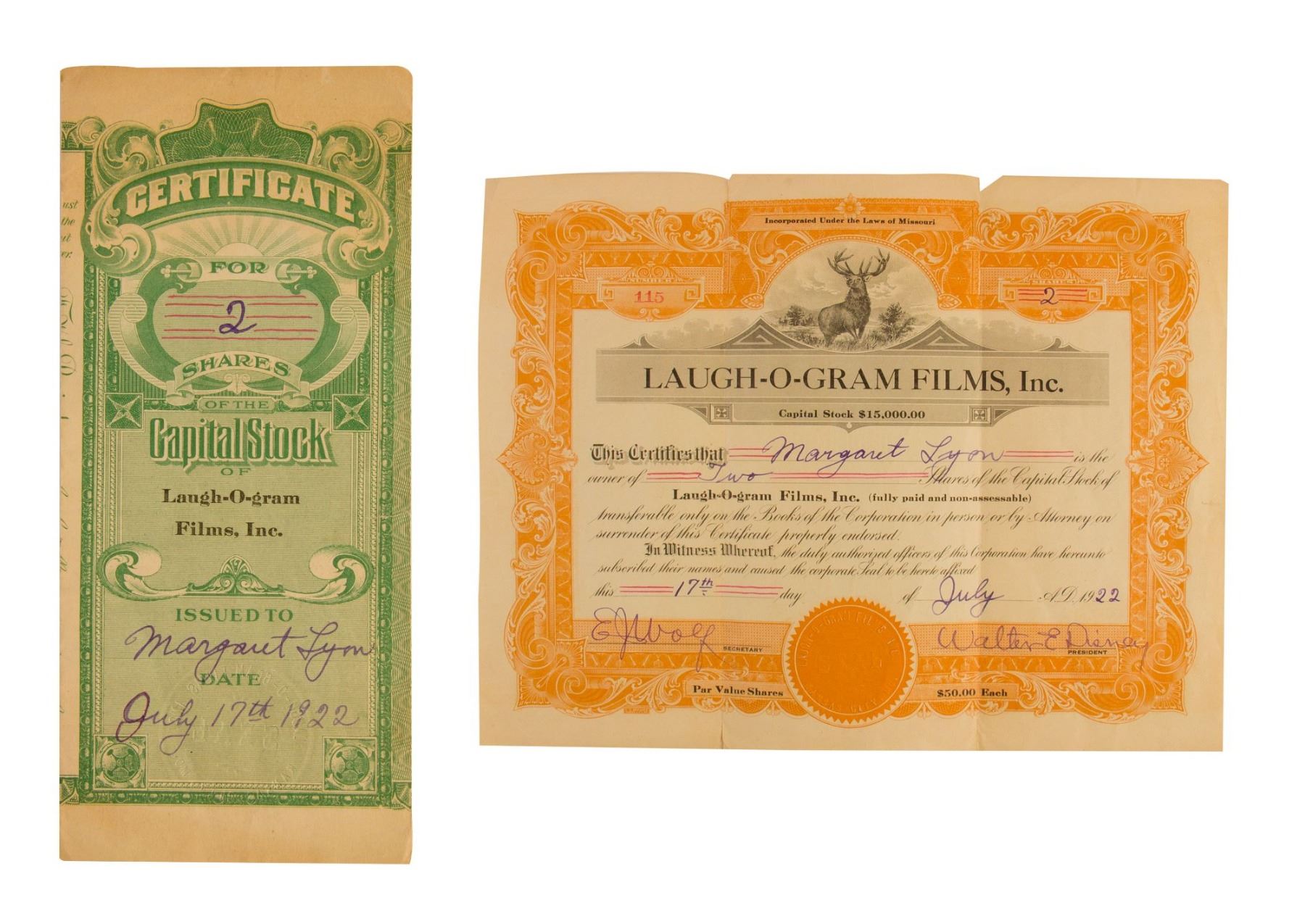 Walt Disney Signed quot Laugh O Gram quot Stock Certificate Walt Disney Signed quot Laugh O Gram quot Stock Certificate