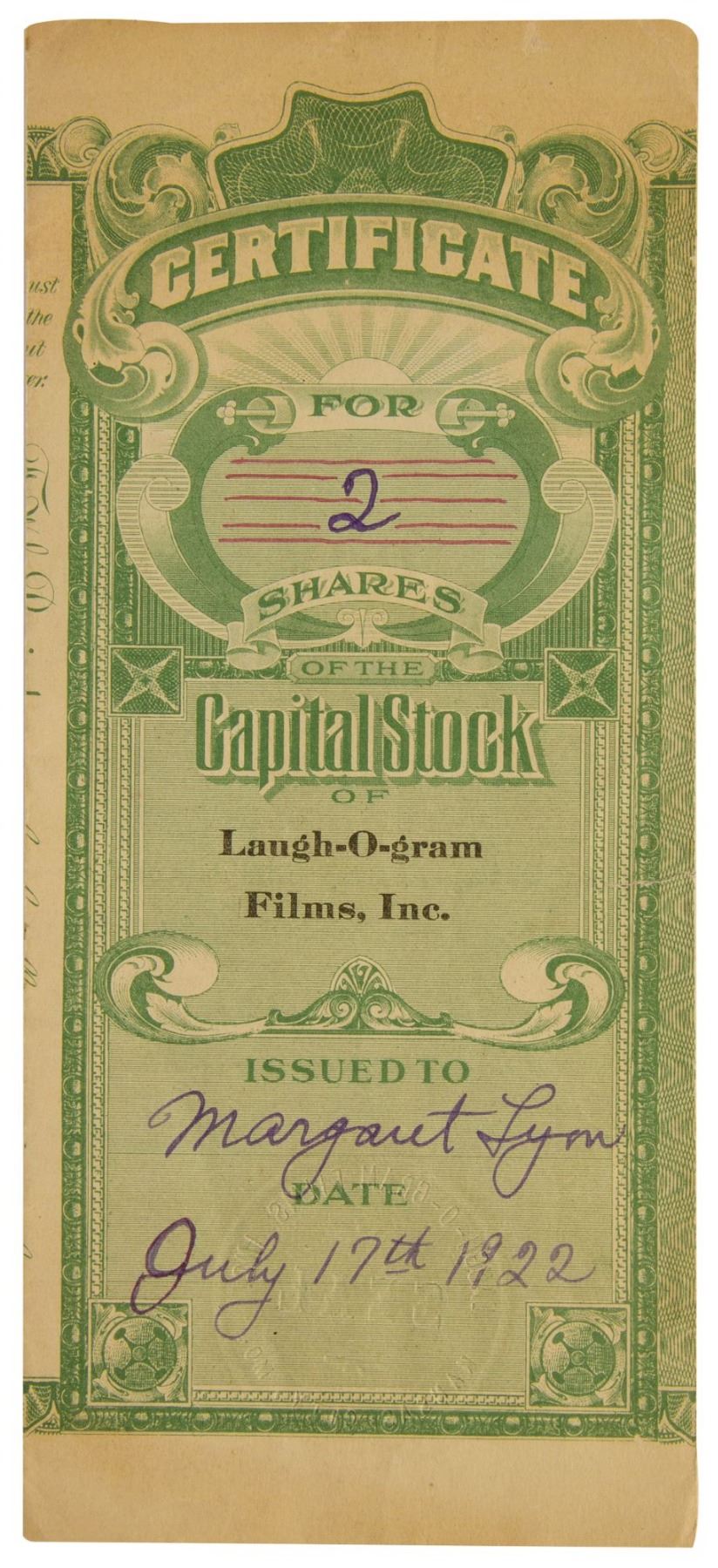 Walt Disney Signed quot Laugh O Gram quot Stock Certificate Walt Disney Signed quot Laugh O Gram quot Stock Certificate