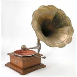 A Thorens 'Lankaphone' wind up gramophone, manufactured in Switzerland with large brass fluted ho...