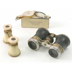A pair of Chevalier opera glasses, pair of ivory opera glasses and mother of pearl lorgnette, 4in...