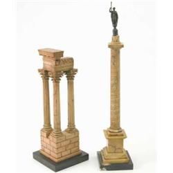 A 19th century Grand Tour alabaster model of a Trajan's column, and another model of the Temple o...