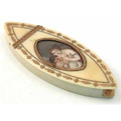 An 18th century ivory and gold pique toothpick case, elliptical form with hinged lid and oval por...