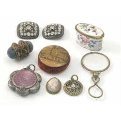 A Victorian silver and enamelled miniature compact case, two Mauchlin and Tunbridgeware pin cushi...