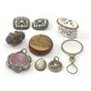 Image 1 : A Victorian silver and enamelled miniature compact case, two Mauchlin and Tunbridgeware pin cushi...