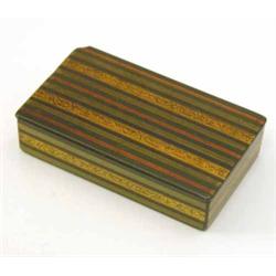 A Victorian papier mache rectangular box with green and gilt striped decoration 4ins...