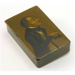 An early 19th painted snuff box, the lid painted with a gentleman pinching snuff 3.25ins...