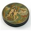 Image 1 : A 19th century painted papier mache snuff box, decorated circular top of Adam and Eve in Paradise...