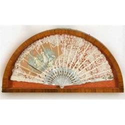 A 19th century fan, having pierced and gilded mother of pearl sticks and guards, the lace and org...