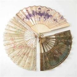 A 19th century fan, decorated in French 18th century style with pierced gilt guards and two other...