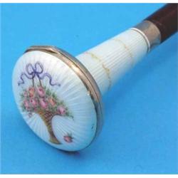 A rosewood walking stick, with associated silver and enamel compact handle, 36ins...