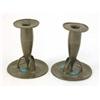 Image 1 : A pair of Liberty English pewter candlesticks, designed by Archibald Knox with blue green enamel...