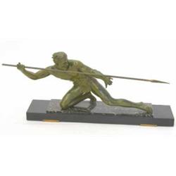 A 1930's bronze figure of a javelin thrower, on marble plinth, Length 36ins...