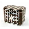 Image 1 : A Regency tortoiseshell and mother-of-pearl tea caddy, square shape with canted corners, geometri...