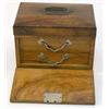 Image 1 : An olivewood jewellery box, with hinged lid and fall front enclosing a compartmented shelf and tw...