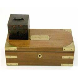 A Victorian brass bound mahogany box and a boulle work travelling ink well, the box bearing paper...