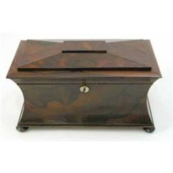 A William IV rosewood two division tea caddy, of unusual concave rectangular form, on bun feet, 1...