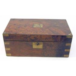 A 19th century burr walnut brass bound writing slope, with embossed leather skiver, 17.5 ins...