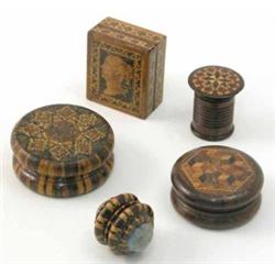 A Tunbridgeware cube pattern compass, four other Tunbridgeware items including a stamp box, pin c...