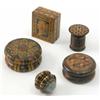 Image 1 : A Tunbridgeware cube pattern compass, four other Tunbridgeware items including a stamp box, pin c...