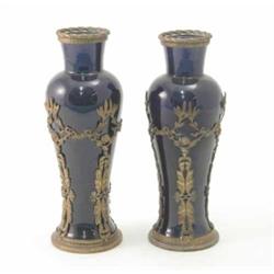 A pair of gilt metal mounted baluster vases, in blue glazed earthenware, mounts in neo-classical...