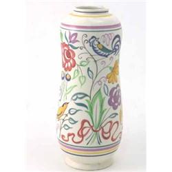 A Poole pottery vase, of waisted cylindrical form, painted with stylised birds and foliage in pol...