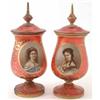 Image 1 : A pair of Bohemian ruby glass vases and covers, each painted with a portrait bust of a young woma...